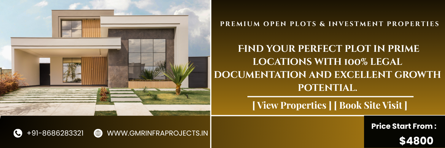 Modern villa with landscaped driveway advertising premium open plots offered by real estate companies in Hyderabad